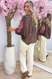 Stitched flowers cotton blouse - Bruin