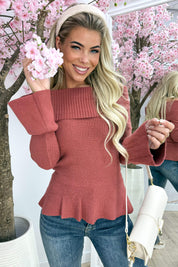 Ribbed strapless ruffle topje - Terracotta
