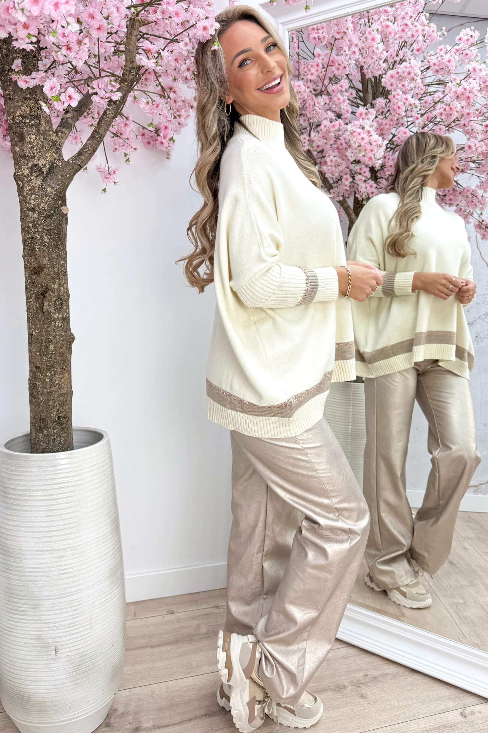Glitters and striped ribbed trui - Lt. beige