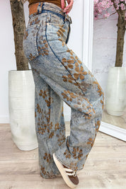 Suede flowers fold over wide leg jeans (Queen Hearts) - Jeans blue