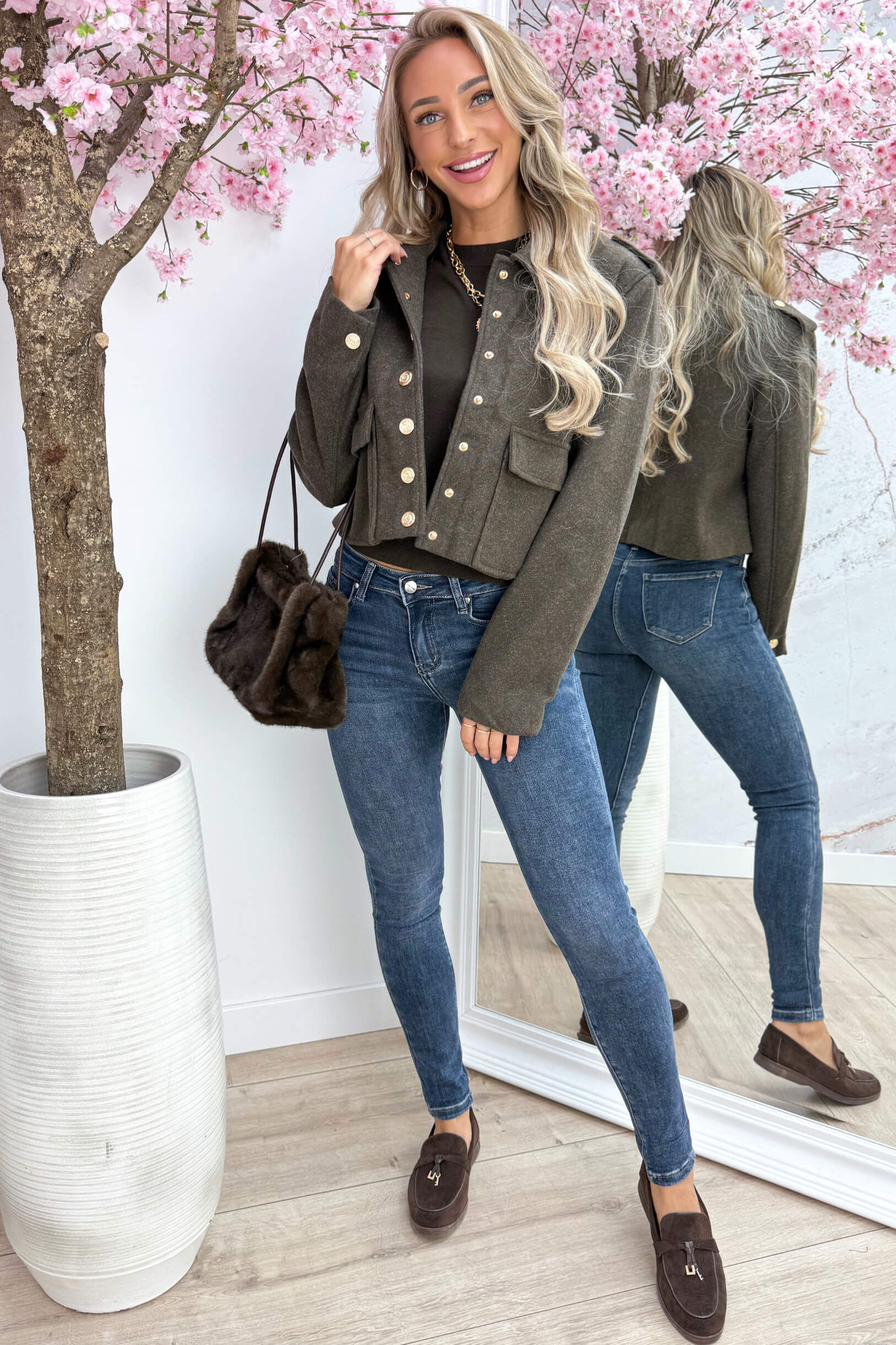 Gold button vilt jacket - Bruin