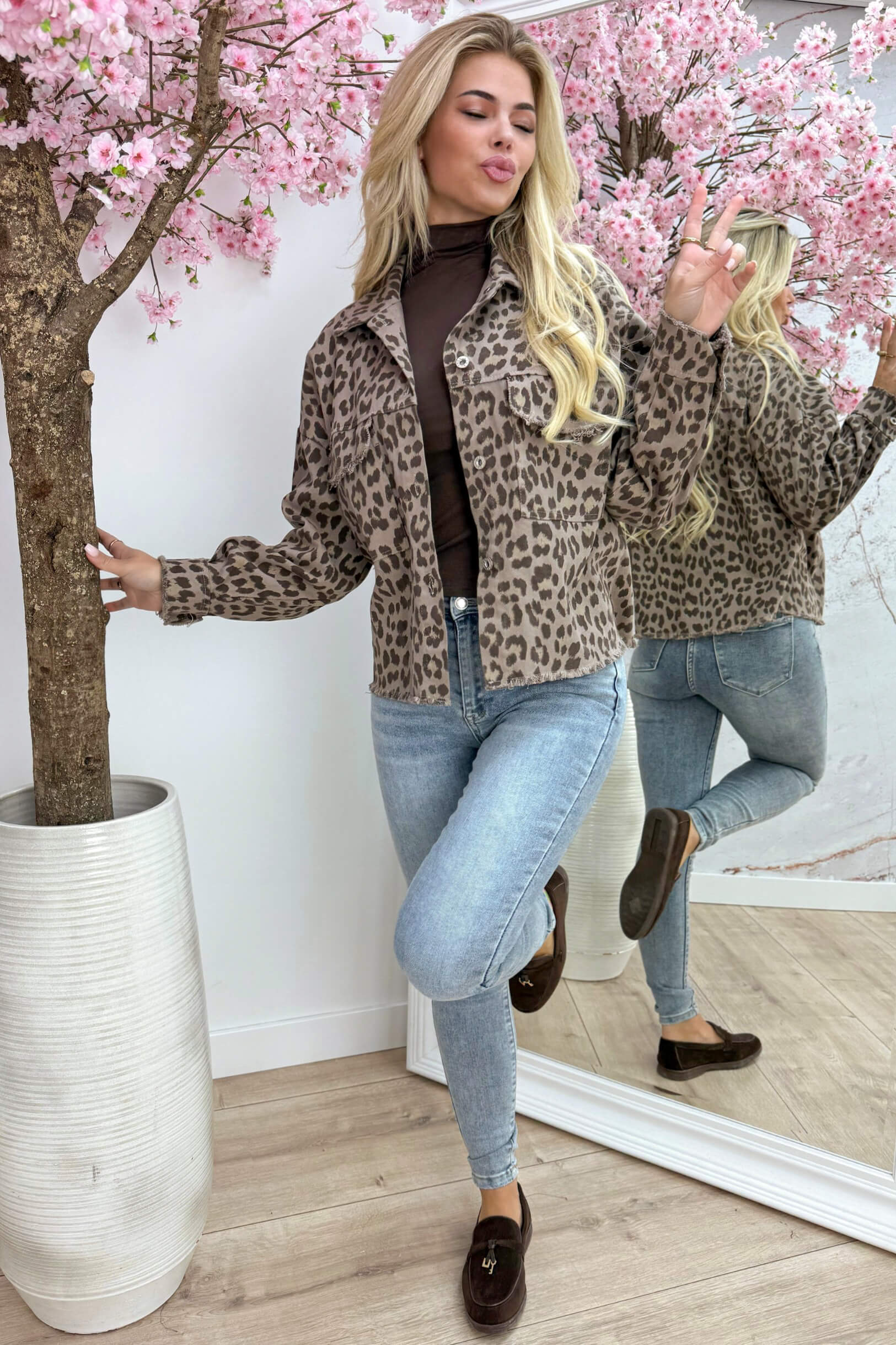 Denim leopard jacket - Dk. taupe
