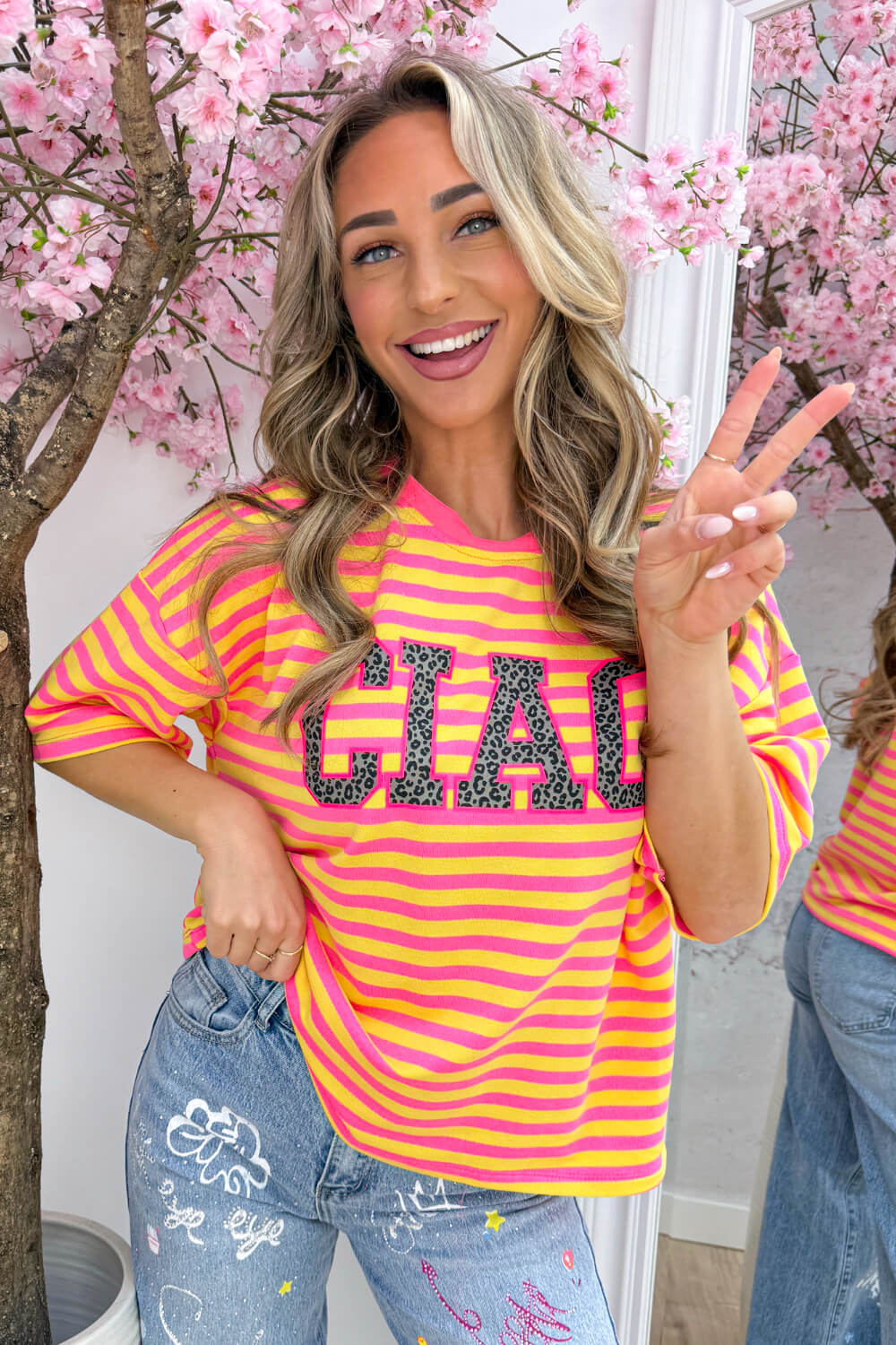 Leopard ciao striped T-shirt - Geel