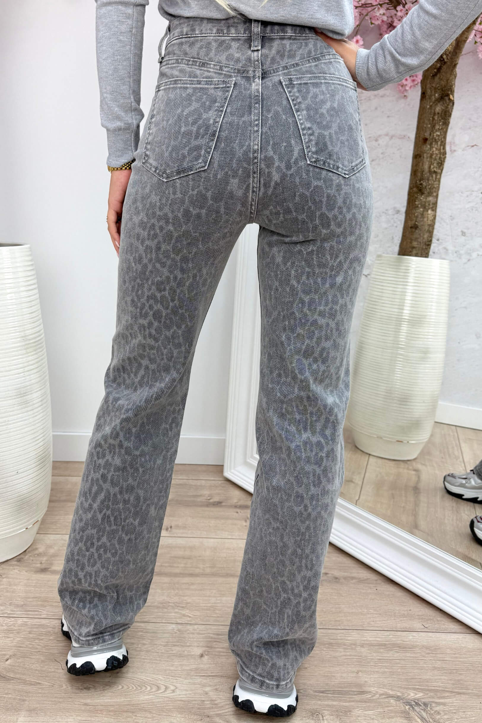 Leopard wide leg jeans - Lt. grijs