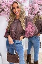 Stitched flowers cotton blouse - Bruin