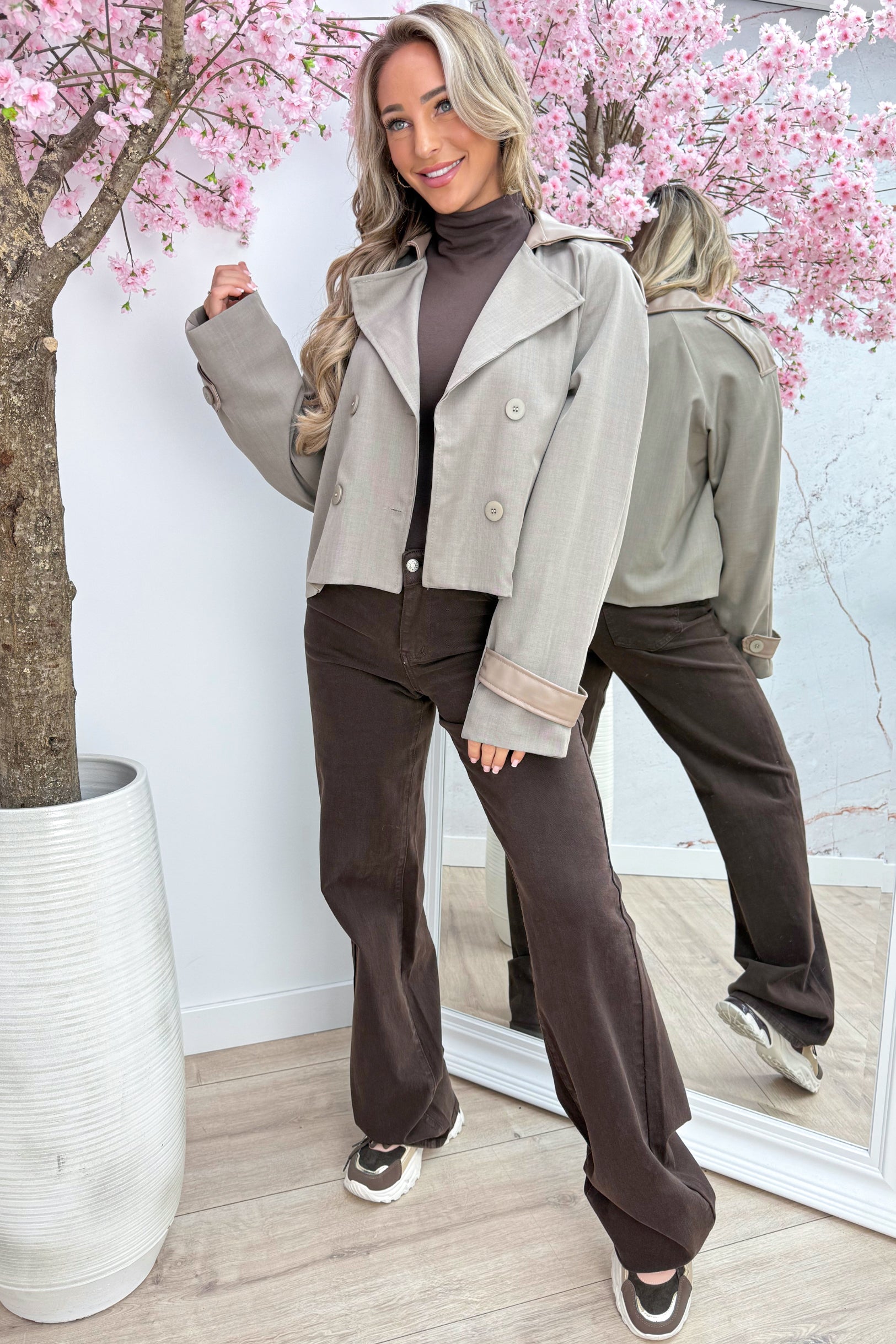 Leather look details trenchcoat - Taupe