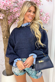 Duo ruffly knitted trui - Navy