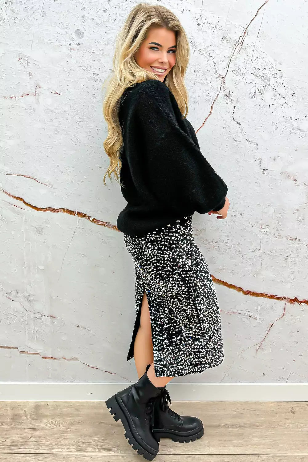 Paillet Split Skirt - Black