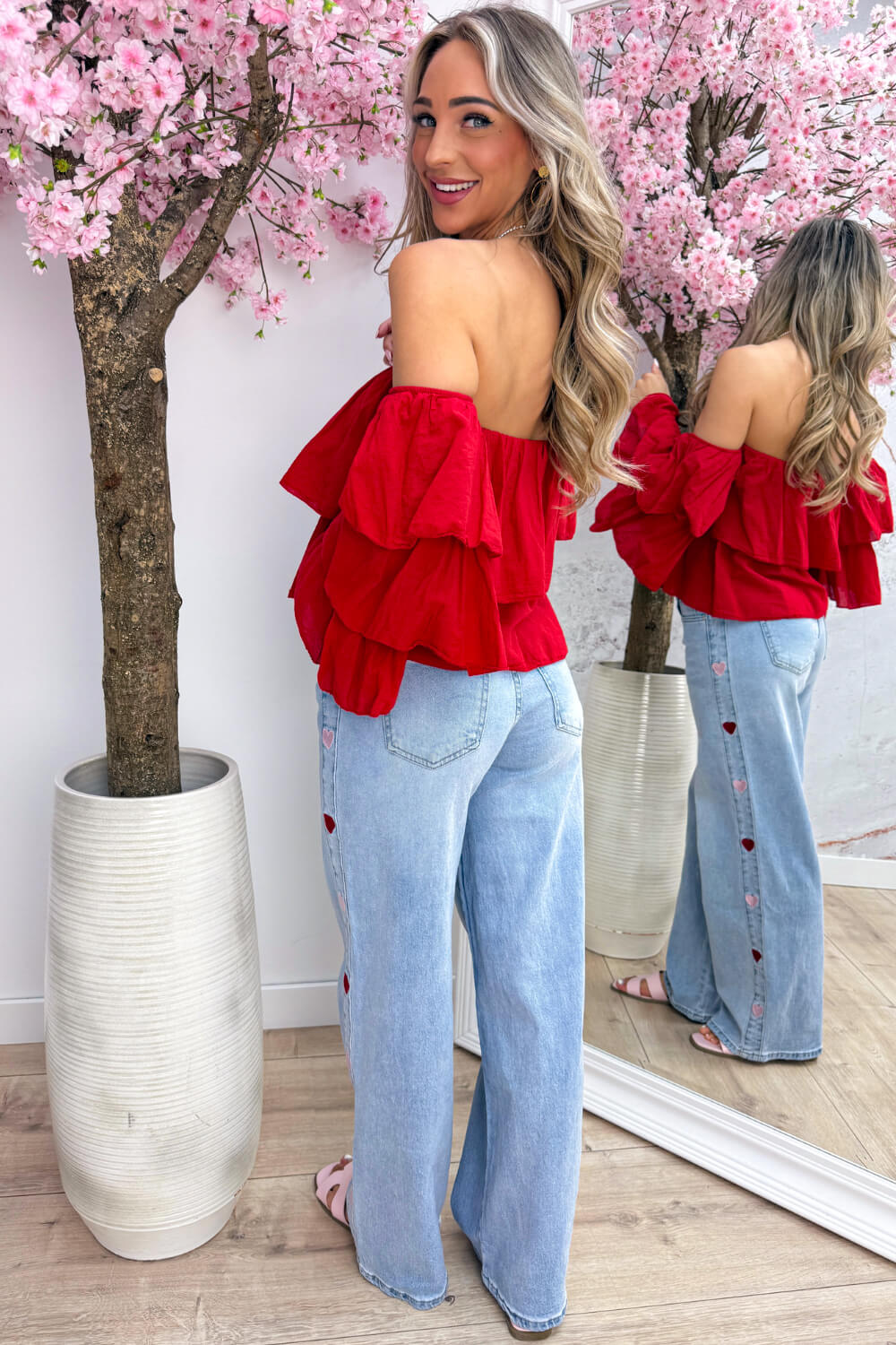 Boho cotton off shoulder topje - Rood