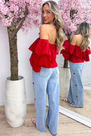 Boho cotton off shoulder topje - Rood