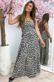 Robe maxi de coton Léopard Strappless - beige