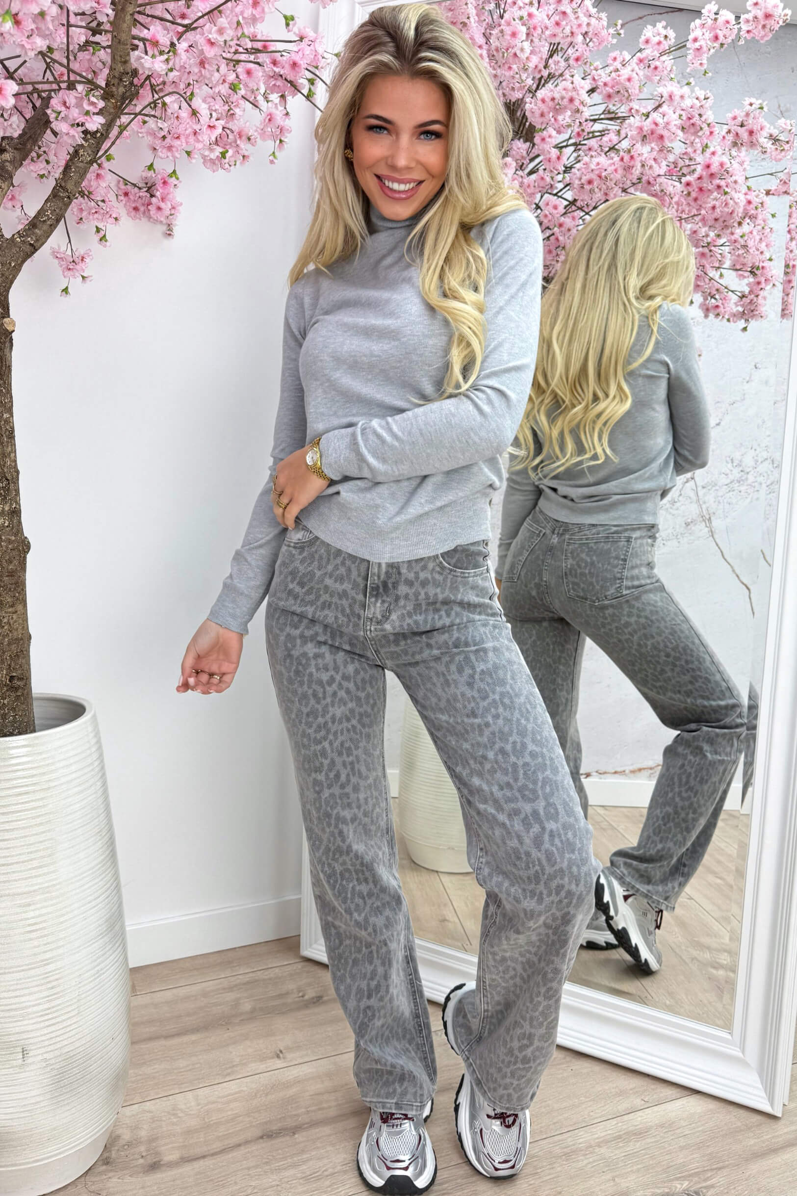 Leopard wide leg jeans - Lt. grijs