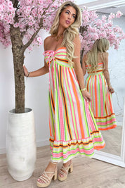 Neon stripe cotton strapless dress - Beige