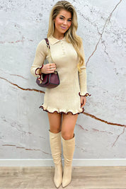 Cute ruffle gold button dress - Beige