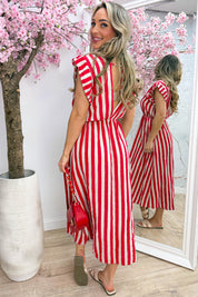 Striped cotton ruffle dress - Beige