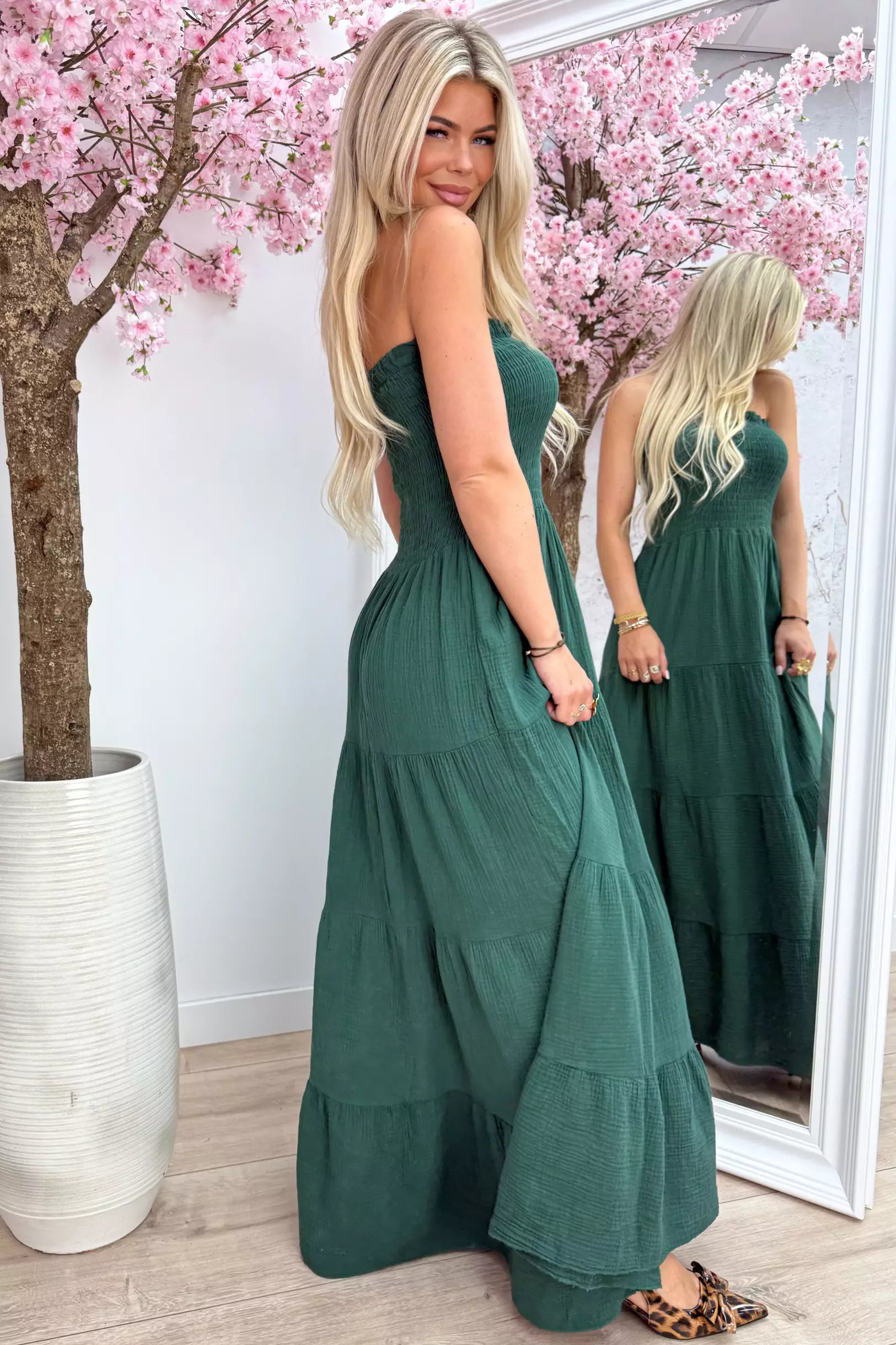 Sweet strapless cotton dress - Dk. groen