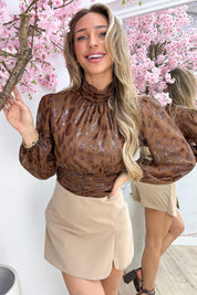 Sparkly leopard cropped topje - Bruin