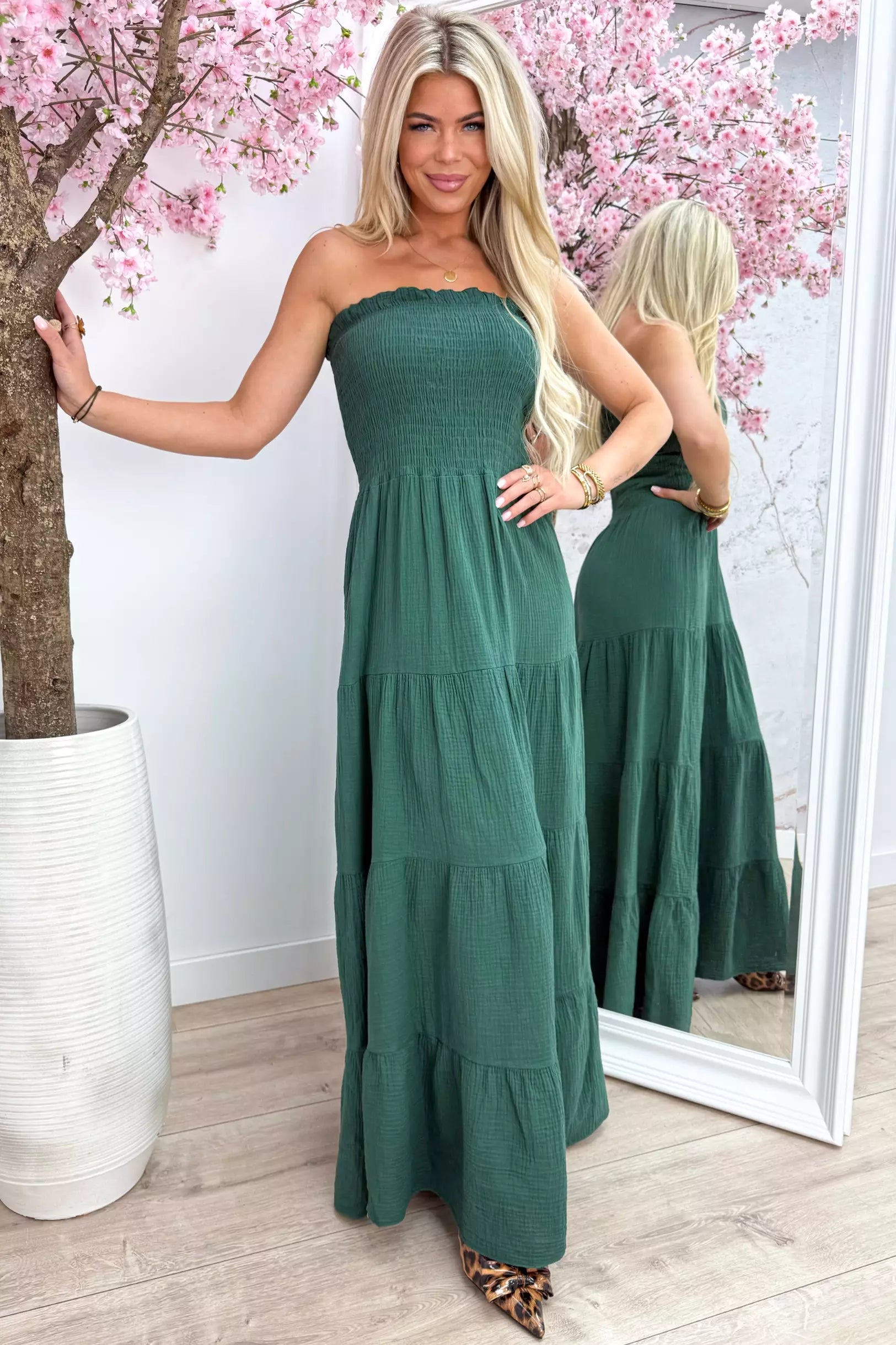 Sweet strapless cotton dress - Dk. groen