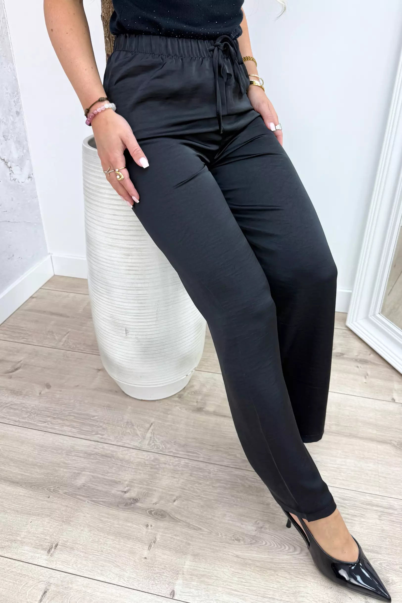 Glossy silky pants - Zwart