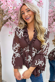 Lovely leaves ruffle topje - Bruin