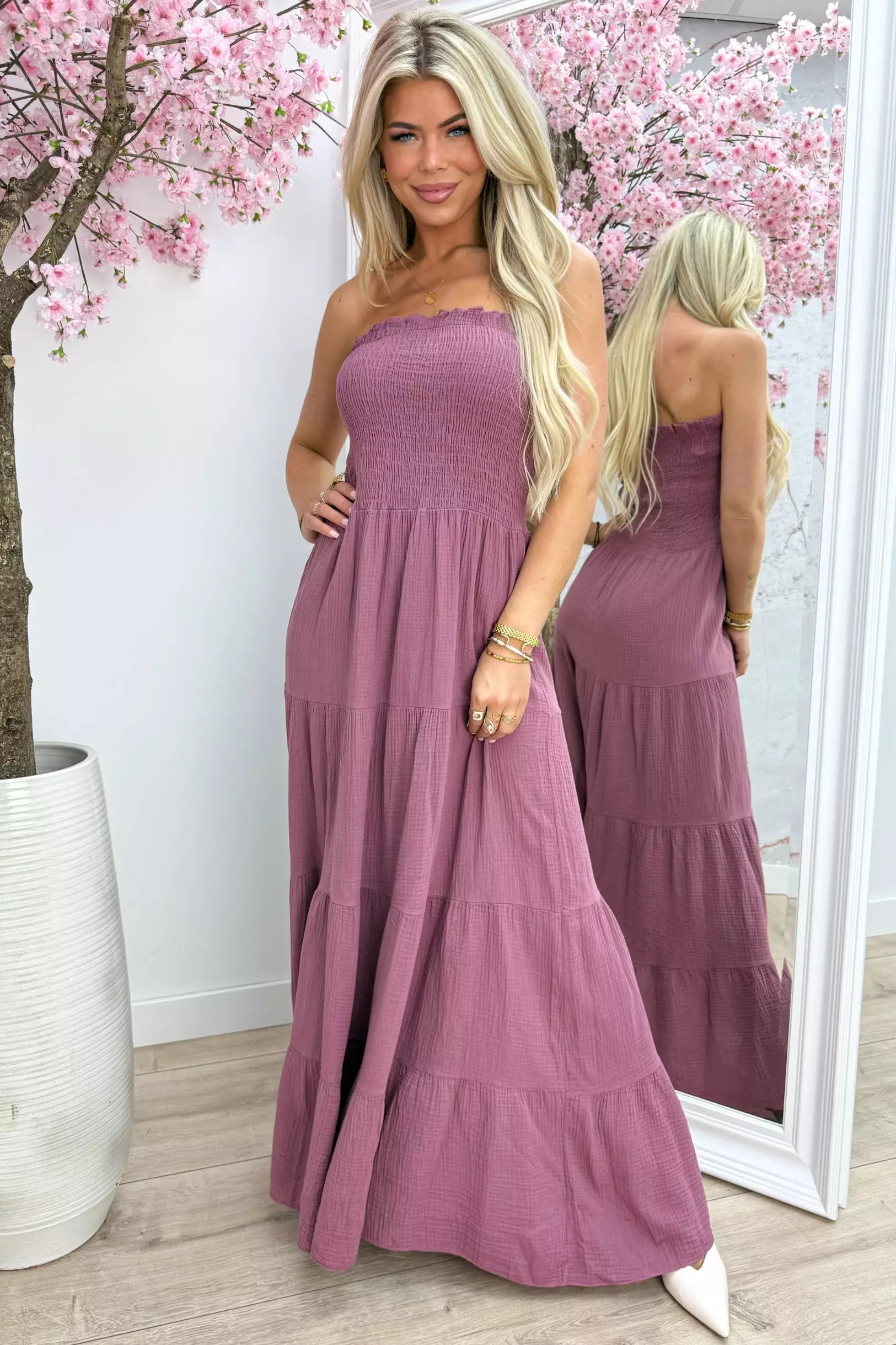 Sweet strapless cotton dress - Dk. roze