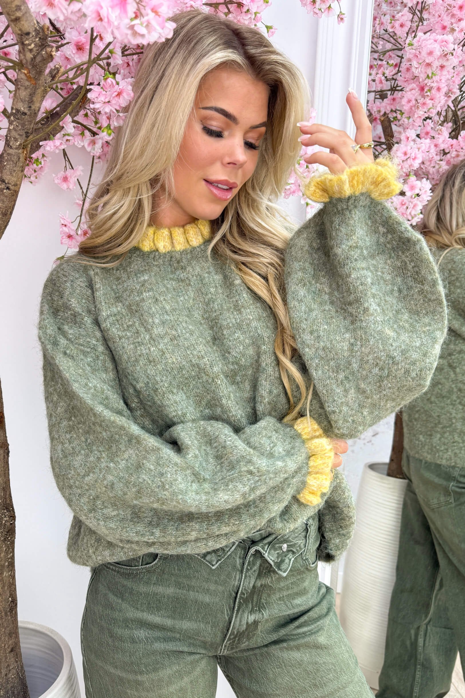 Duo ruffly knitted trui - Army