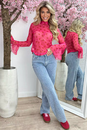 Hearts mesh flairy topje - Fuchsia