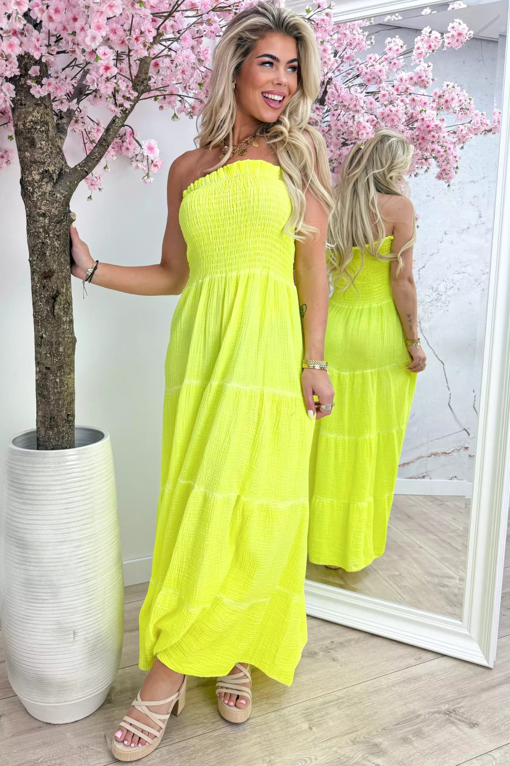 Neon strapless cotton maxi dress - Geel
