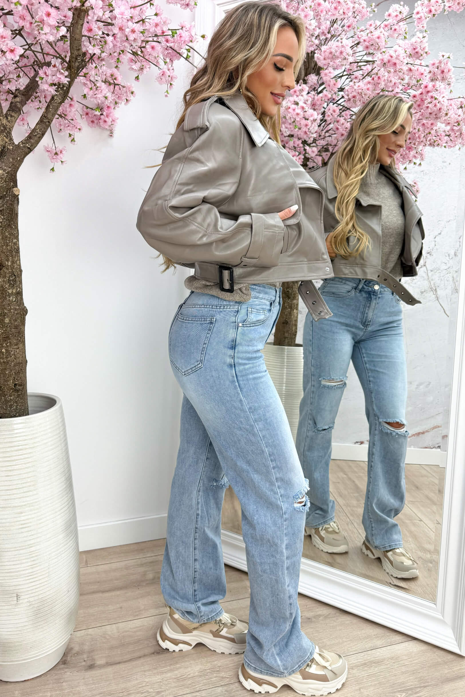 Leather look cropped jacket - Taupe