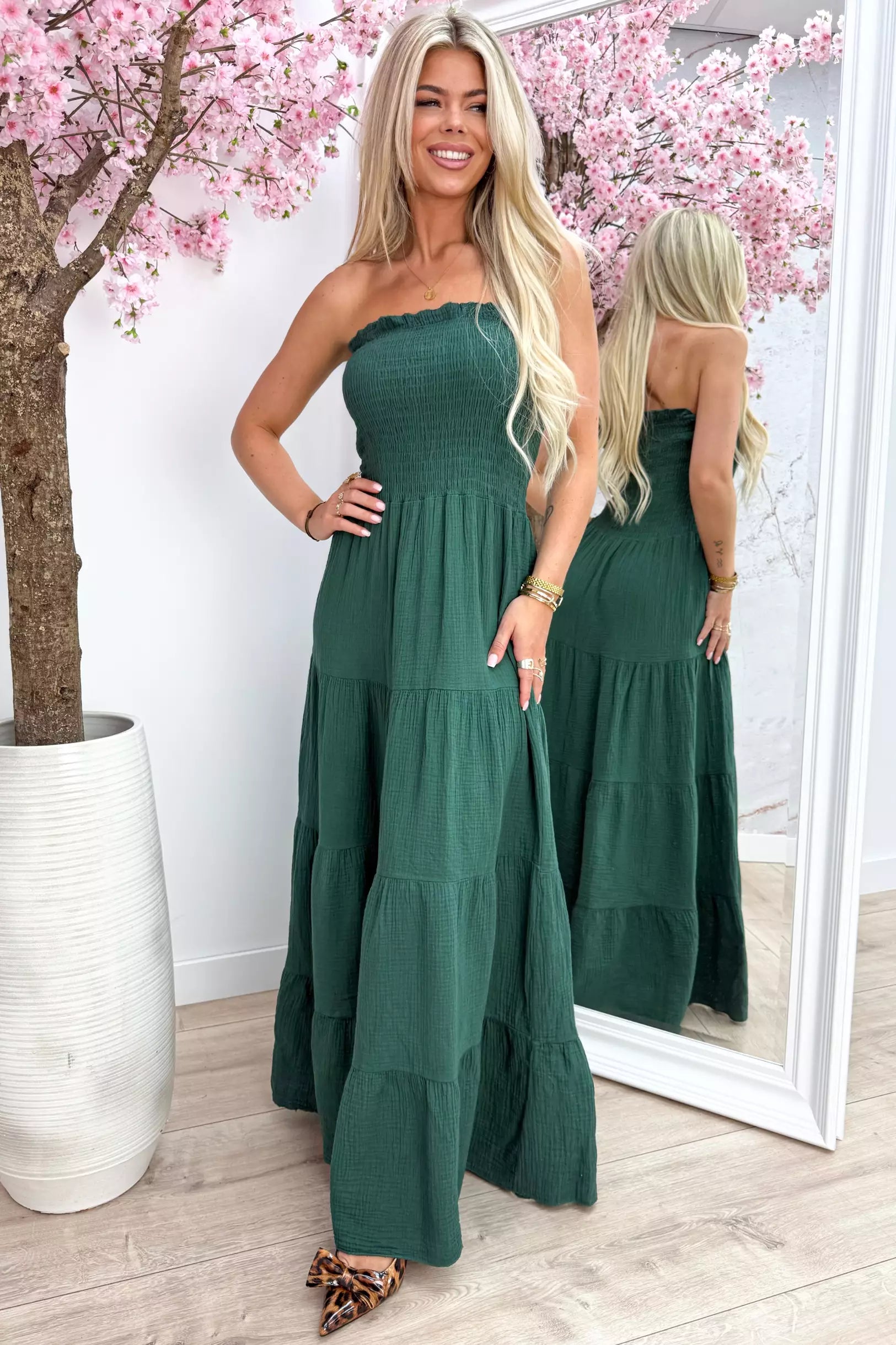 Sweet strapless cotton dress - Dk. groen