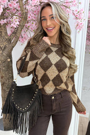 Suede studded fringe bag (echt leer) - Dk. Bruin