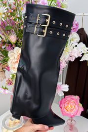 Leather look fold over heels - Zwart