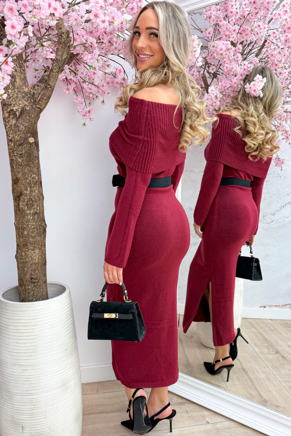 Off shoulder knitted maxi dress - Bordeaux