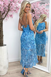 Paisly ruffle split dress - Sky blue