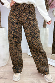 Leopard fold over straight leg jeans - Camel