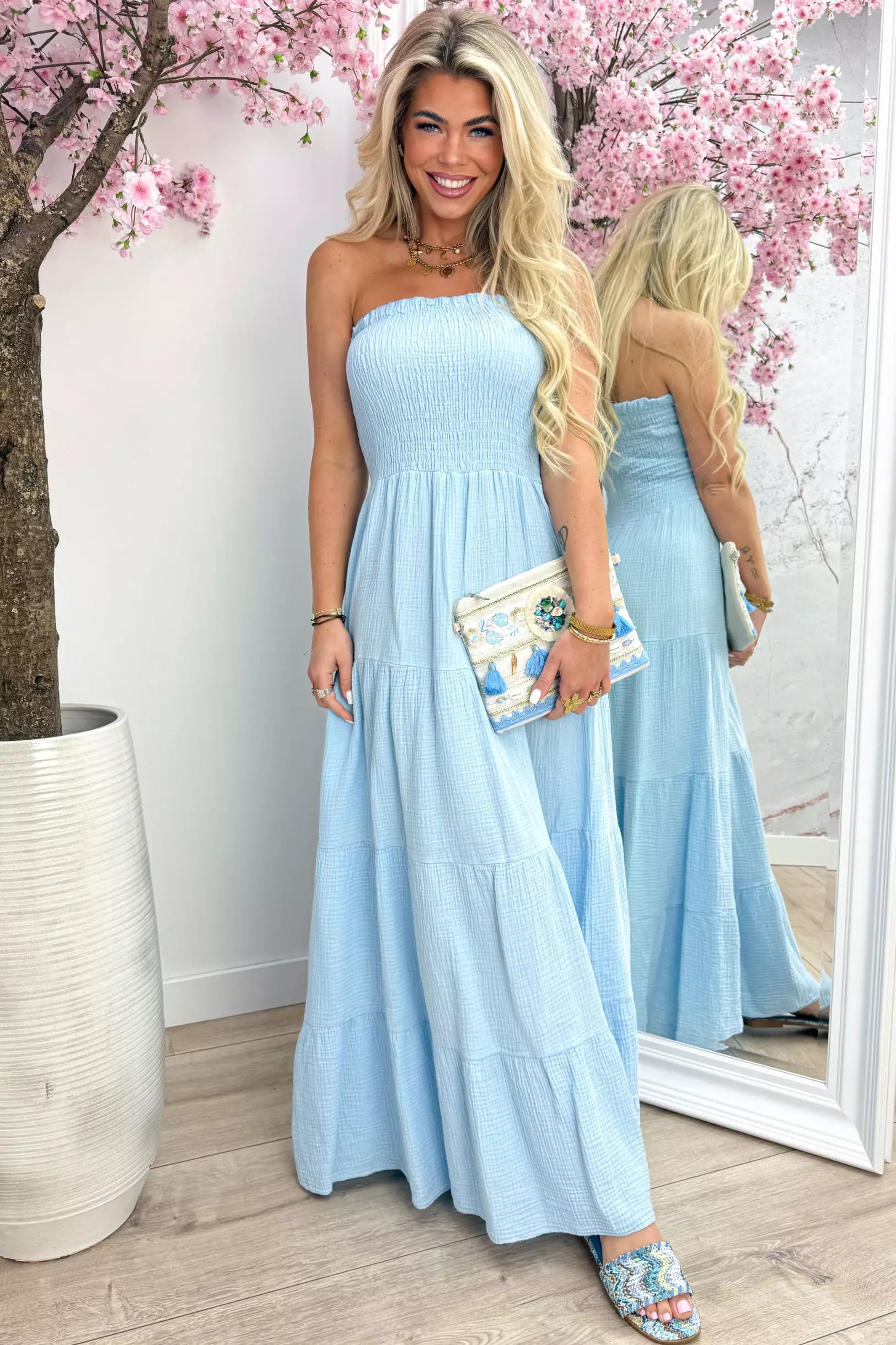 Strapless cotton maxi dress - Sky blue