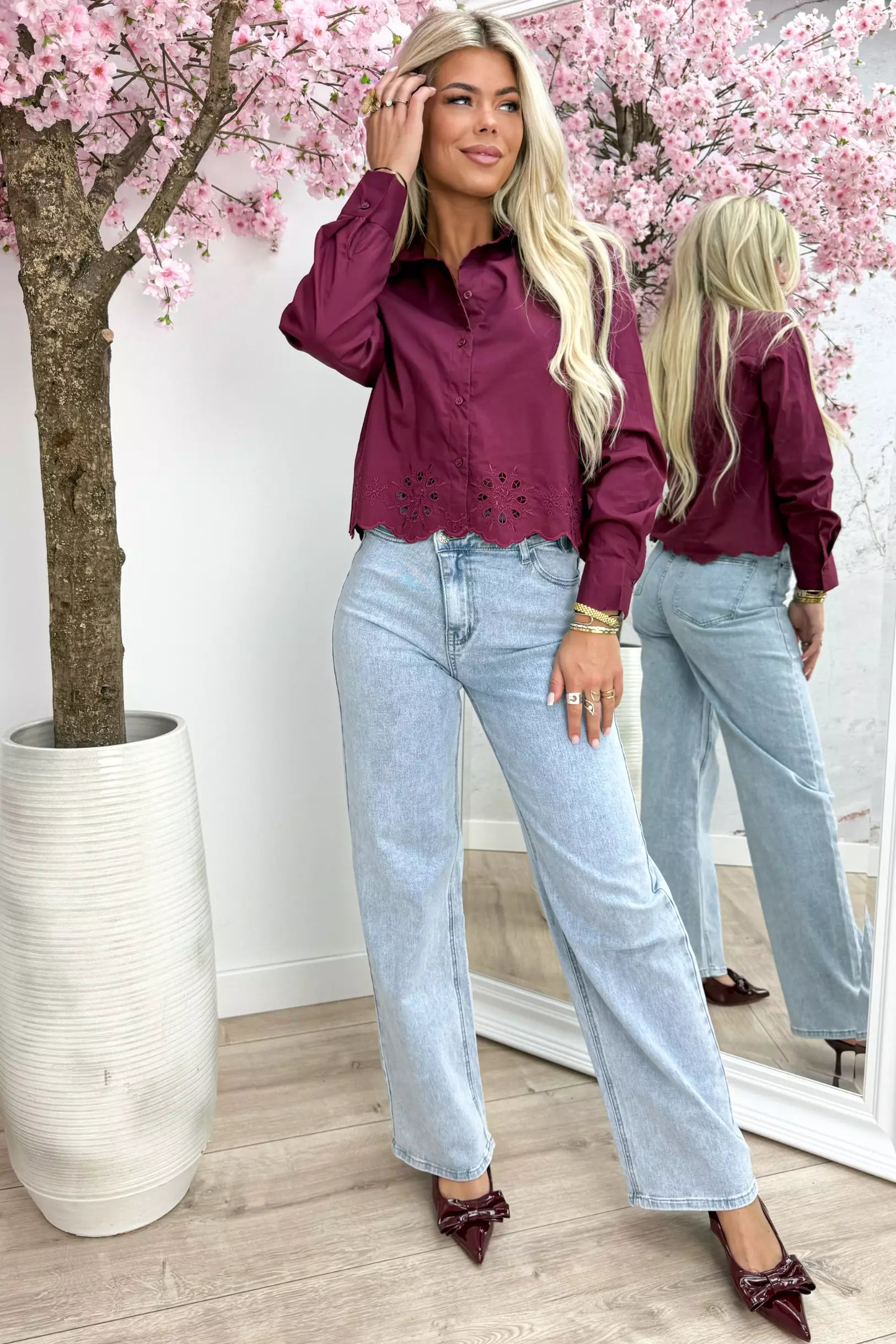 Wavy embroidery blouse - Bordeaux
