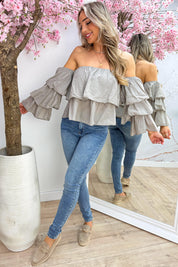 Boho cotton off shoulder topje - Taupe