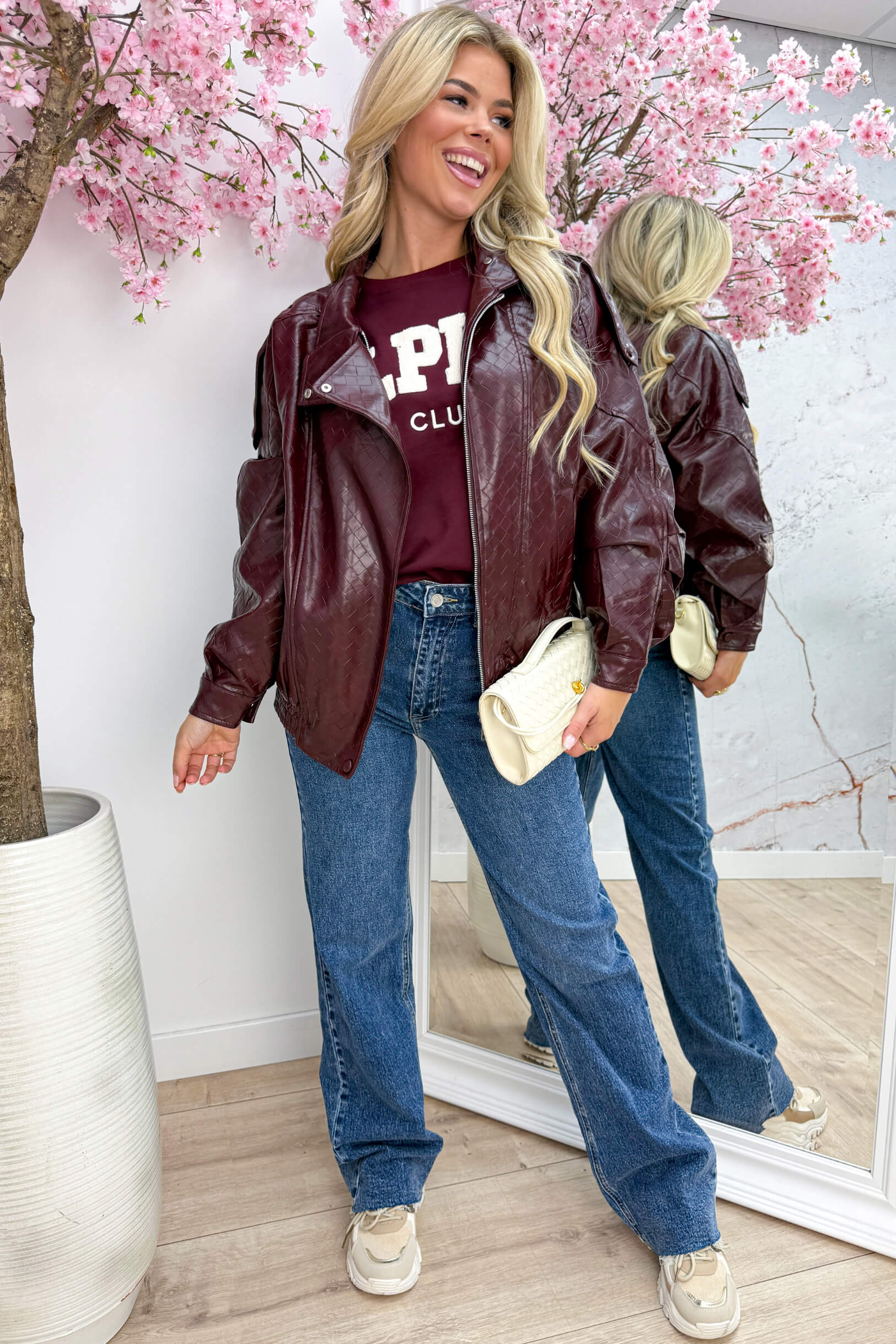 Oversized woven leather look bomber - Bordeaux