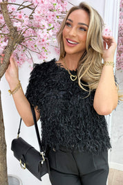 Sparkling feather topje - Zwart