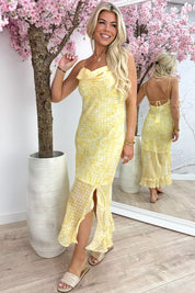 Paisly ruffle split dress - Geel