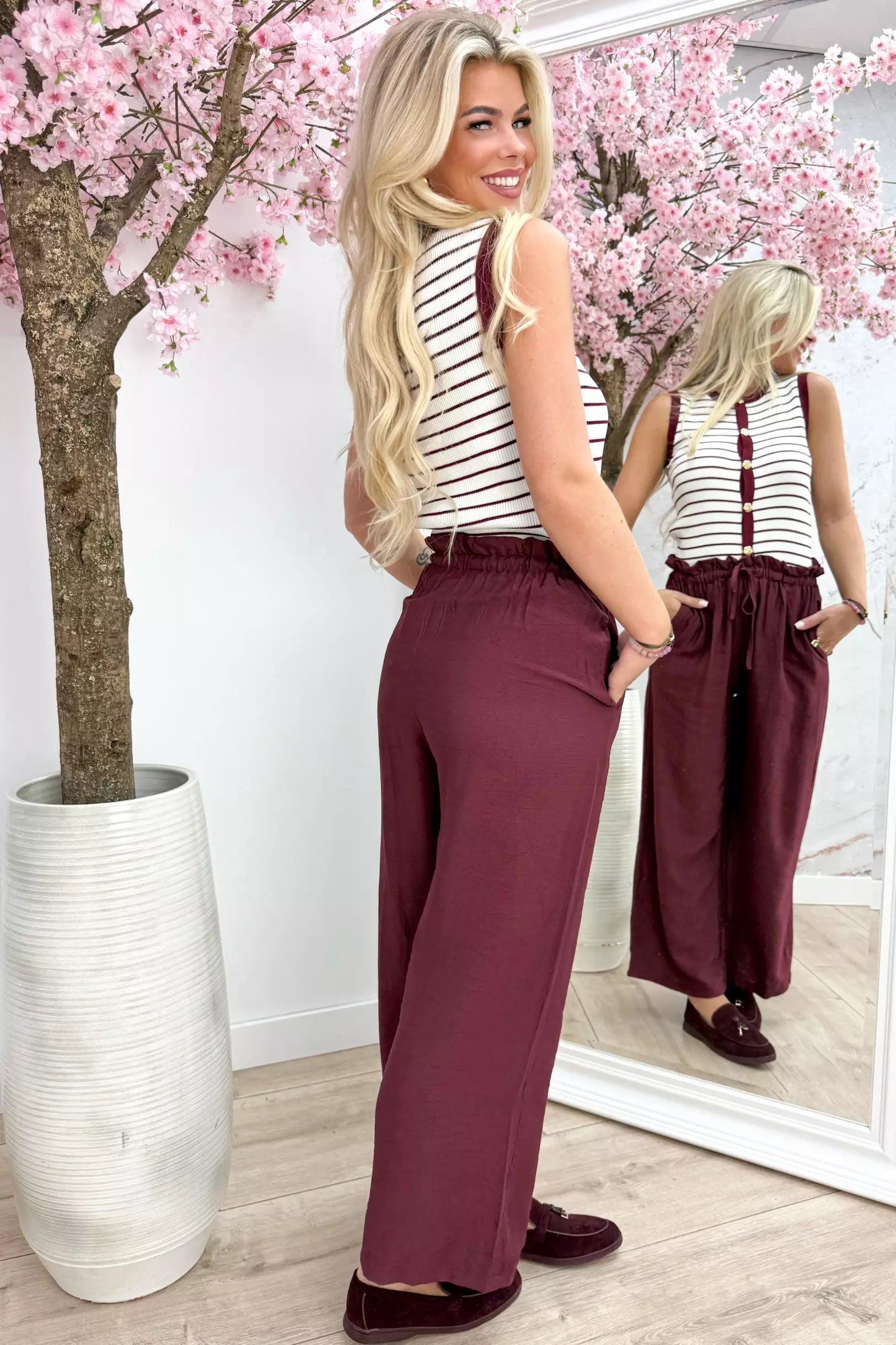 Gold Button Flower Stripe Top - Bordeaux