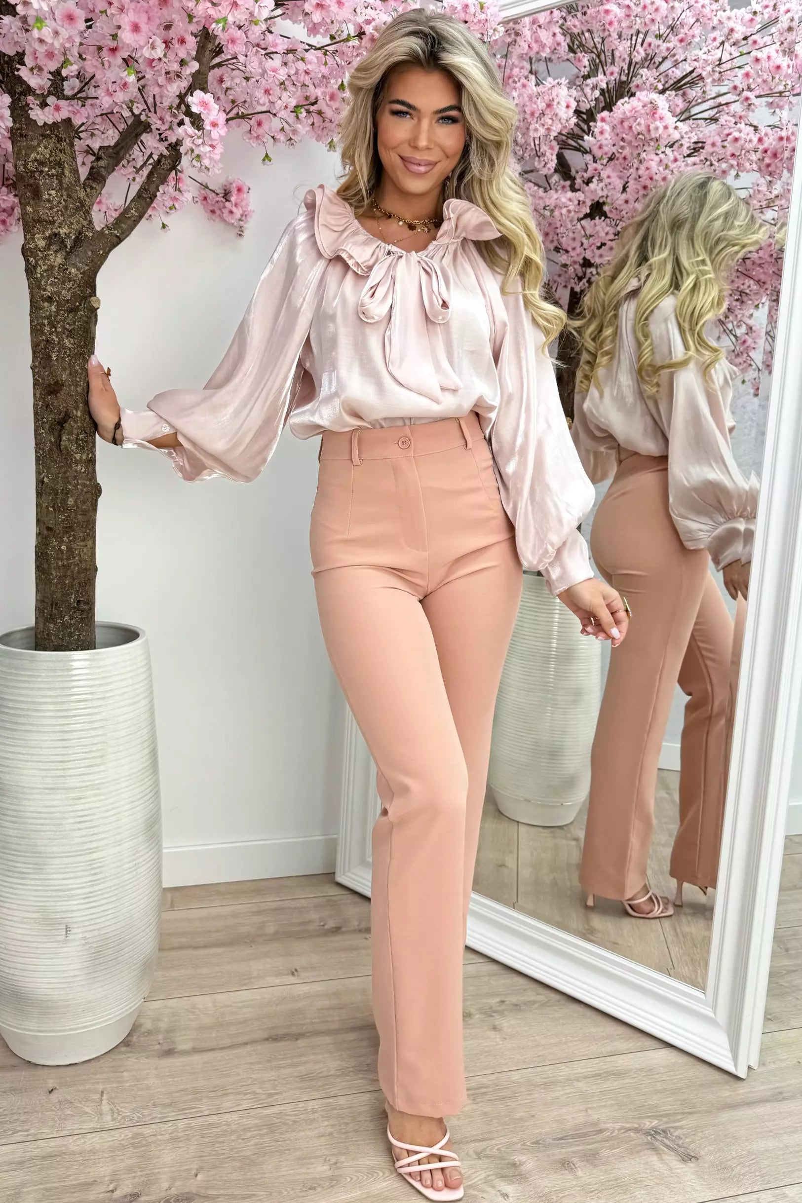 Shiny ruffly bow topje - Oud roze