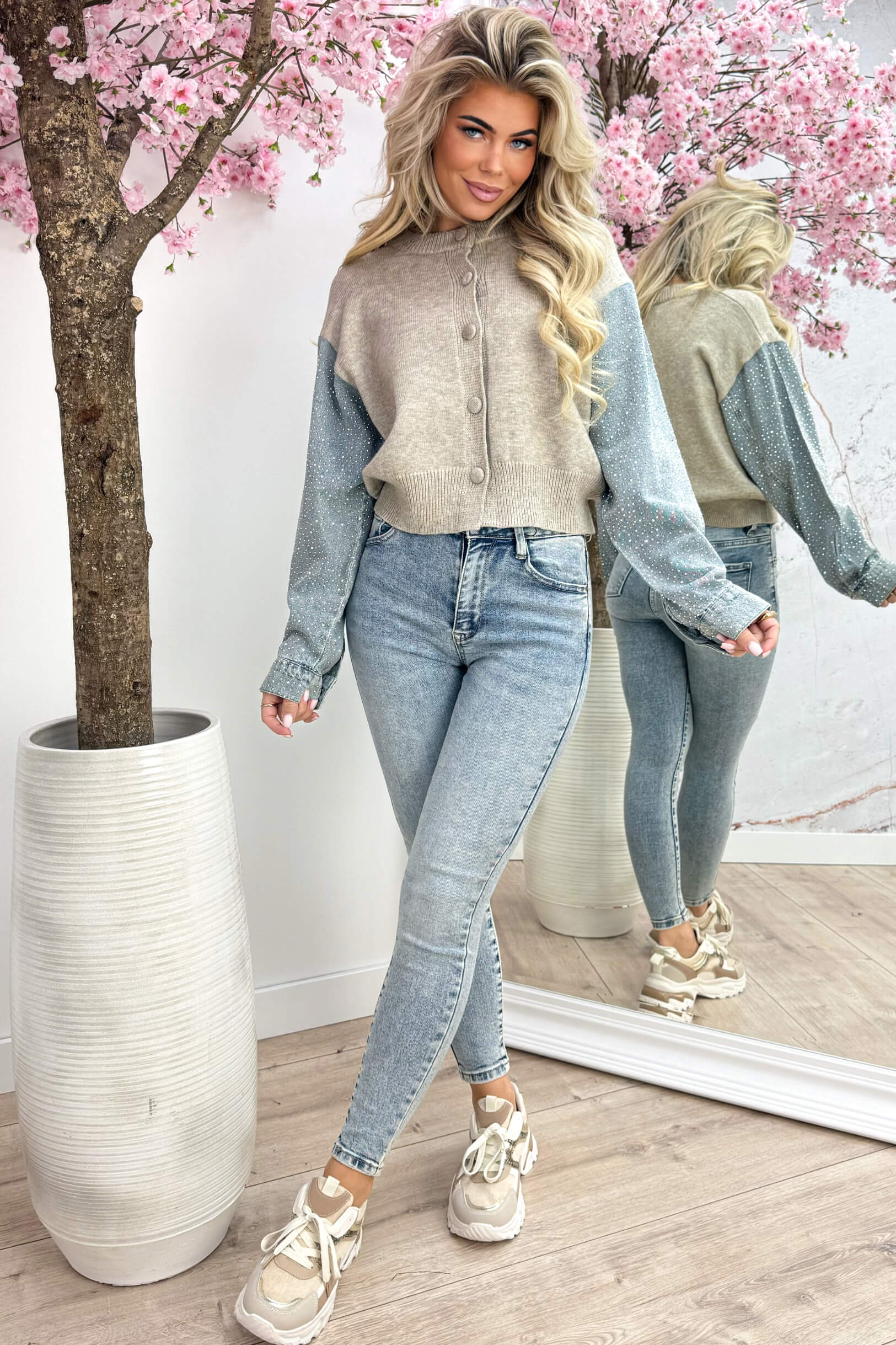 Diamond sleeve ribbed trui - Taupe