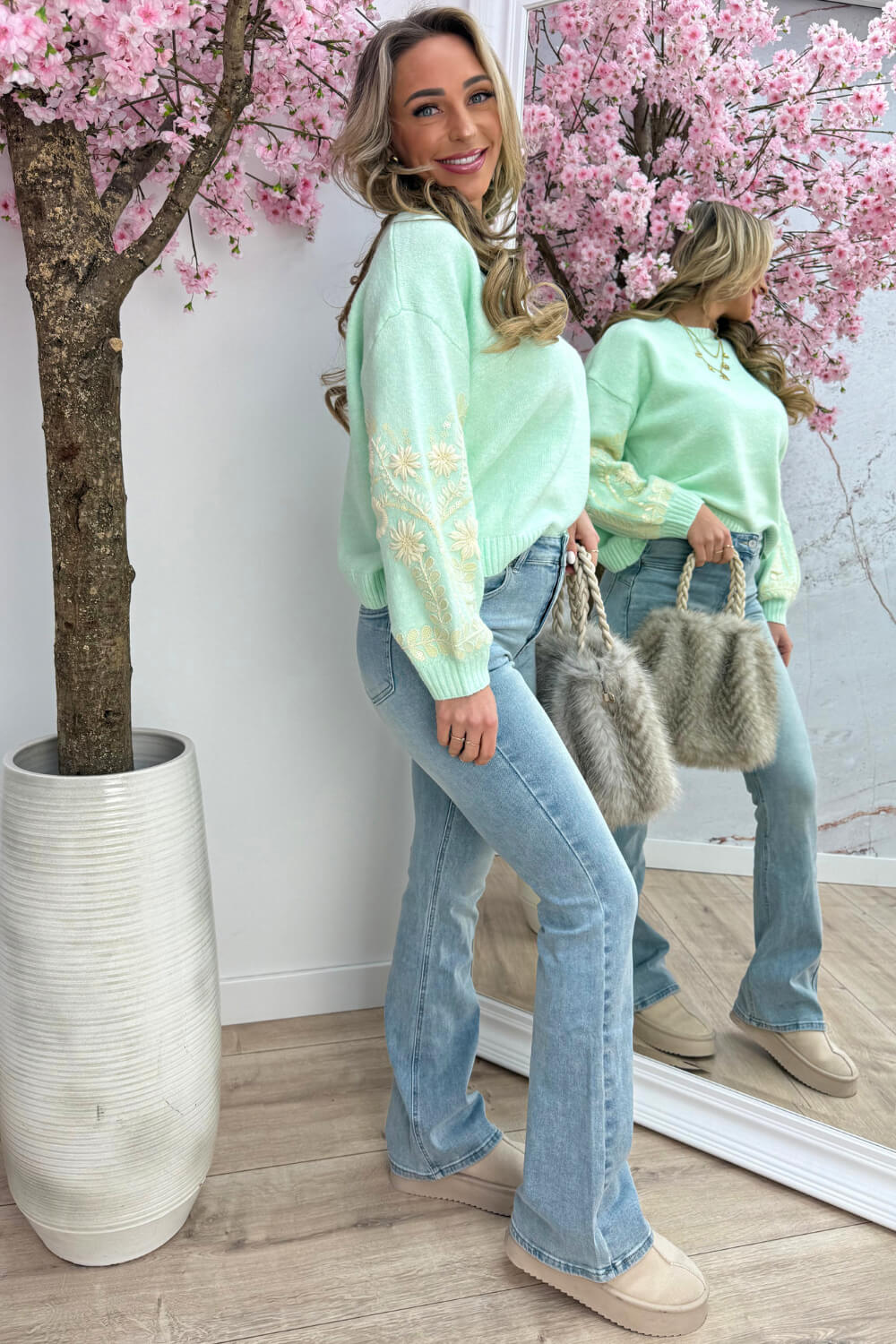 Bloomy embroidery trui - Mint