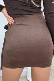 Belted suede look fringe skirt - Bruin