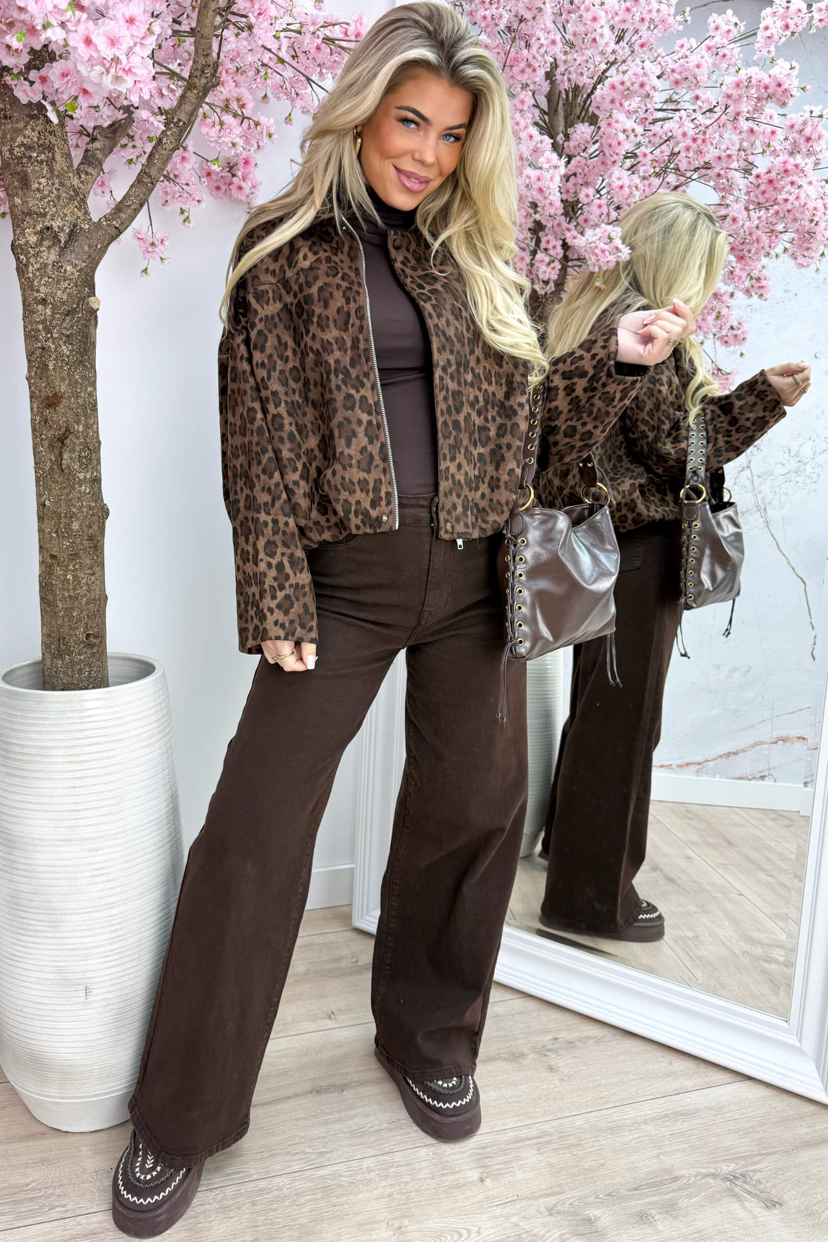 Leopard suede look bomber - Bruin