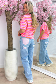 Bright stripes cotton T-shirt - Lollypop roze