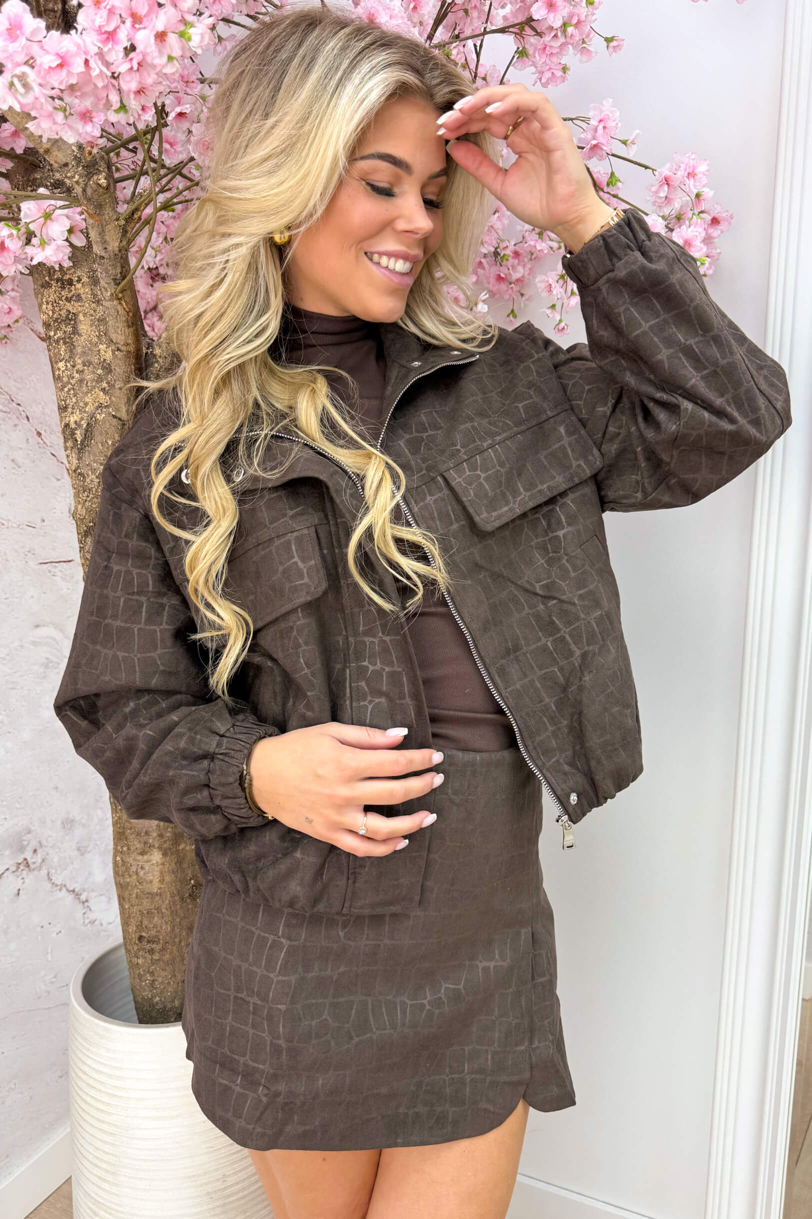 Giraffe suede look bomber - Bruin