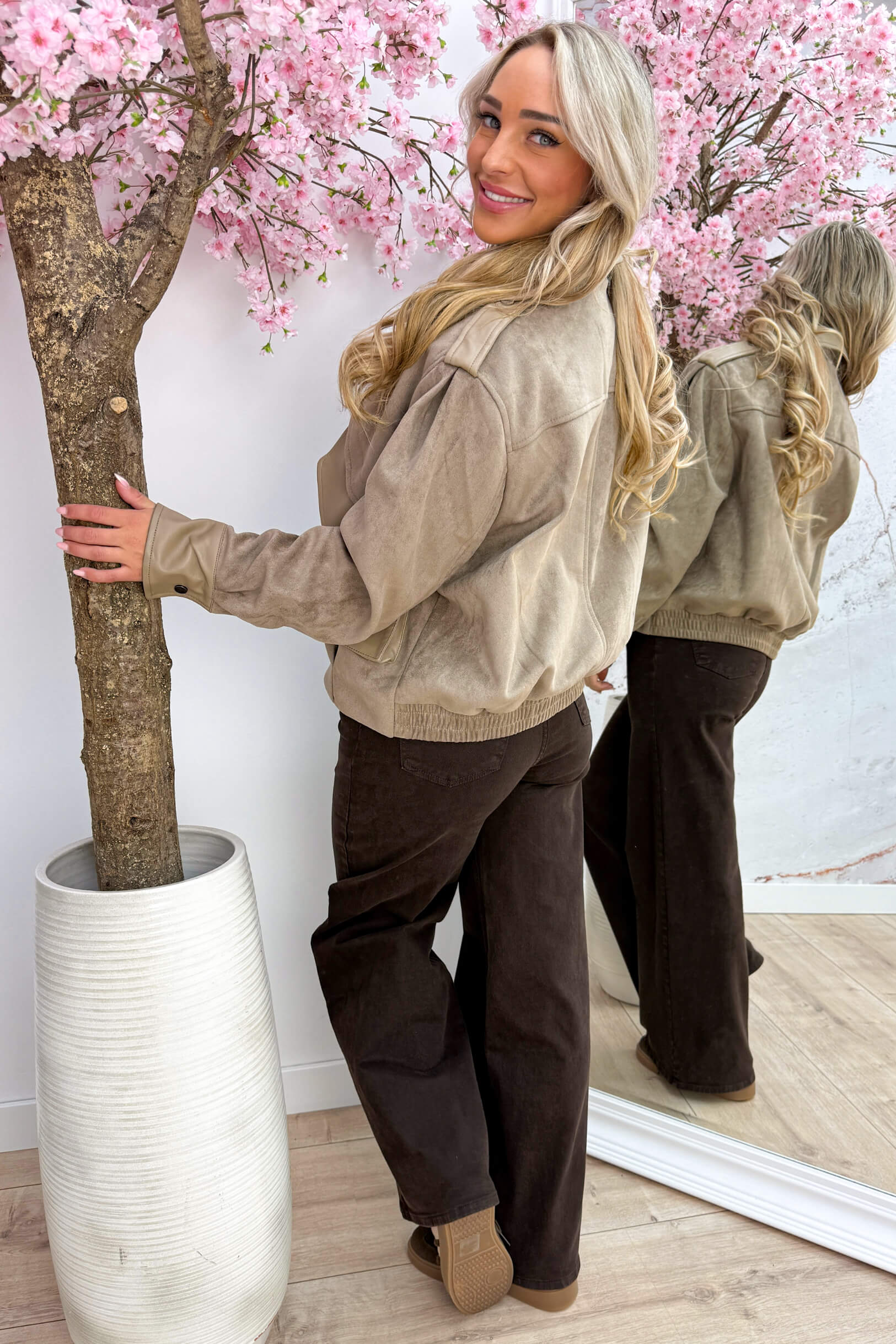 Suede meets leather look jacket - Taupe
